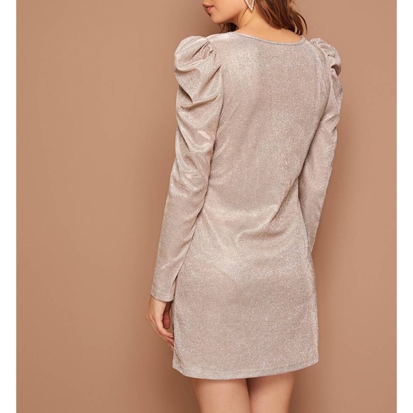 Nude Glitter Puff Sleeve Shift Party Dress - Picture 2 of 8